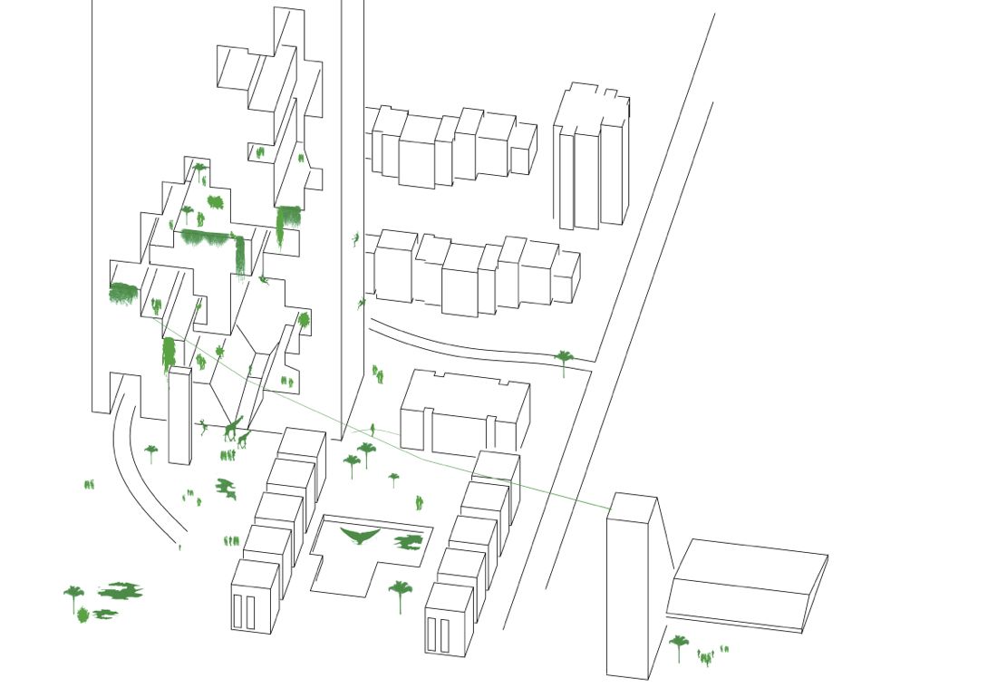Könnte so das Herti-Quartier einmal aussehen? Der Architekt Melk Nigg entwirft in seiner «Vision» ein endloses Hochhaus und einen neuen Pool mit Walen. Das Scheibenhaus (rechts der Strasse) bleibt wie es ist. (Quelle: Melk Nigg Architects AG SIA)