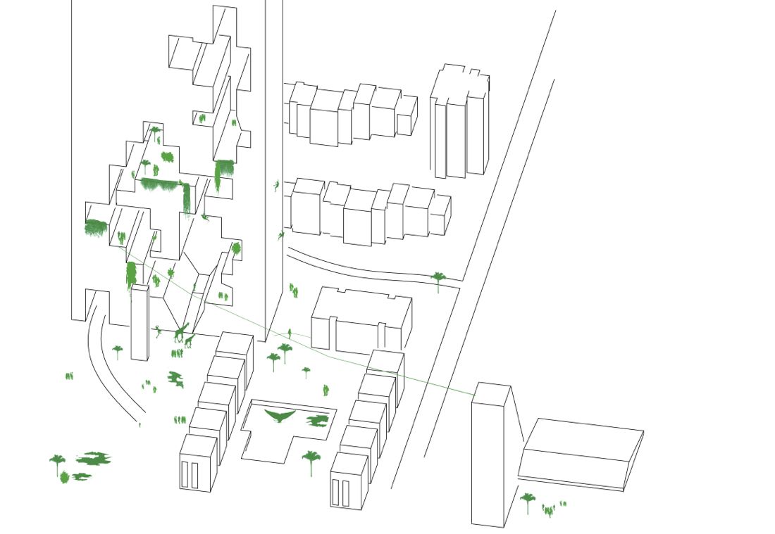 Könnte so das Herti-Quartier einmal aussehen? Der Architekt Melk Nigg entwirft in seiner «Vision» ein endloses Hochhaus und einen neuen Pool mit Walen. Das Scheibenhaus (rechts der Strasse) bleibt wie es ist. (Quelle: Melk Nigg Architects AG SIA)