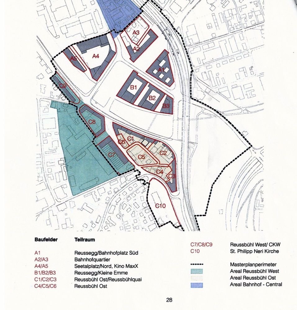 Die Baufelder im Masterplan «Luzern-Nord». A- und B-Felder liegen in Emmen, die C-Felder in Luzern-Reussbühl. Auf A1 plant der Kanton sein Verwaltungsgebäude, auf B1-B3 eine Wohnüberbauung.