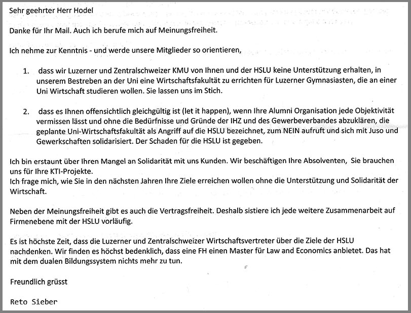 Letztes Mail, vom 4. November. Reto Sieber an Hochschul-Rektor Markus Hodel.