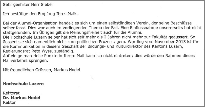 Mail von Hodel an Sieber vom 4. November.