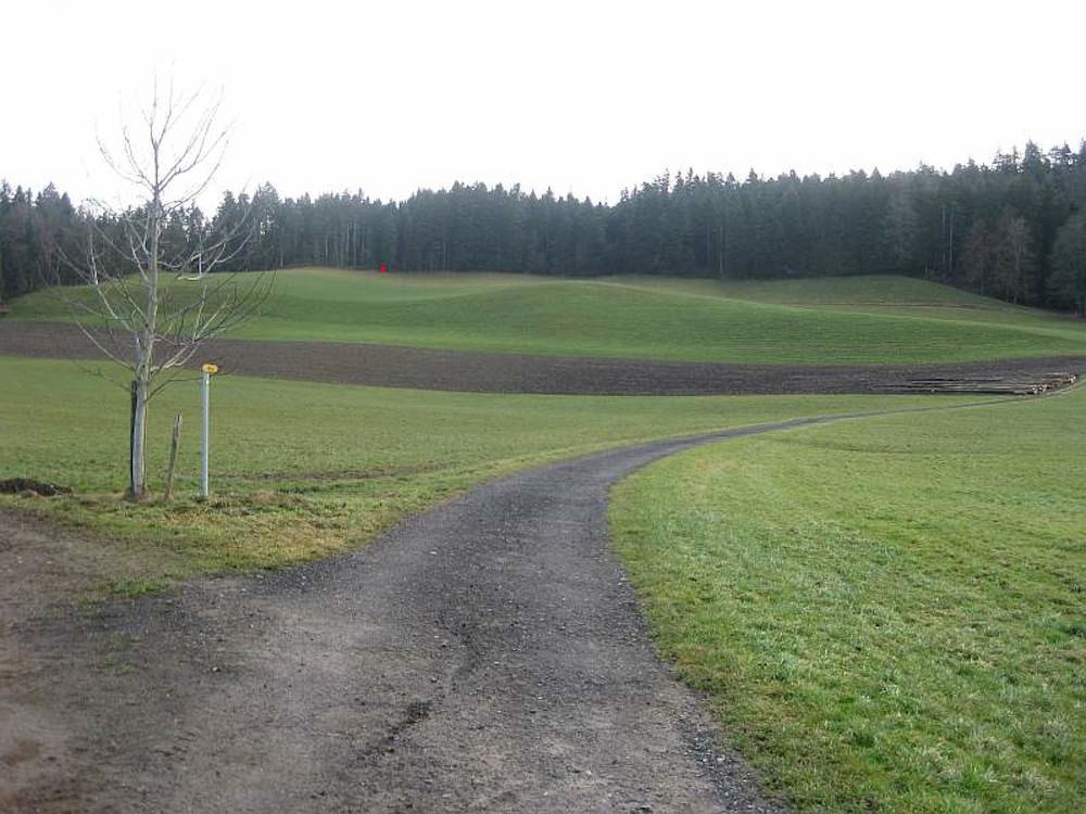 Blick von Althus, dem Startweg der Route, mit Sicht auf den Mittelpunkt (rot links oben)