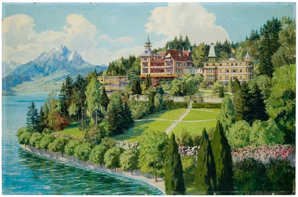 Das Hotel Albana (rechts) auf einem Ölgemälde von 1911. Haupthaus und Dépendance mit Passerelle.