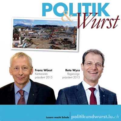 Flyer zu einer «Politik & Wurst»-Veranstaltung von Reto Wyss und Franz Wüest.