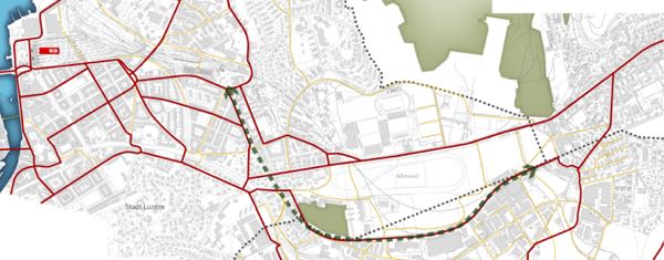 Auf dieser Grafik sieht man den Verlauf des zukünftigen Rad- und Gehwegs zwischen Steghof und Mattenhof.