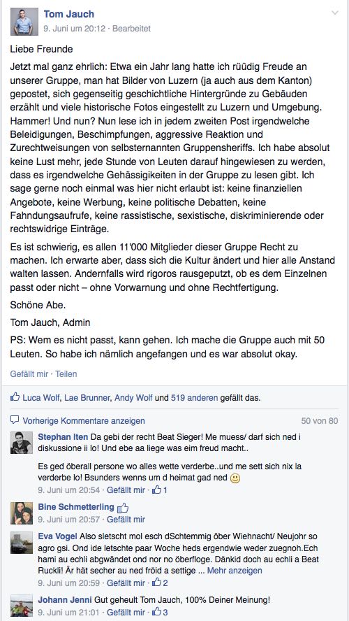 Mit diesem Beitrag versucht Thomas Jauch, die Gruppenmitglieder zur Räson zu bringen. (Bild: Facebook)