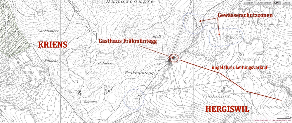 Kartenansicht: Das Gasthaus Fräkmüntegg liegt genau auf der Kantons- und Gemeindegrenze zwischen Kriens und Hergiswil.