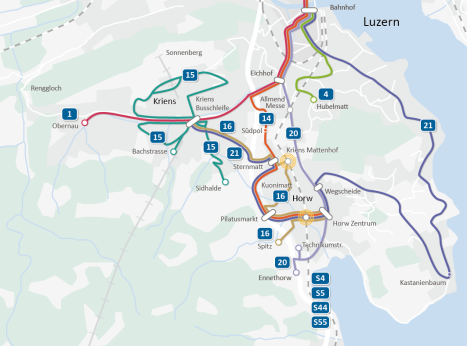 Netz der Verkehrsbetriebe Luzern in Luzern. Zum Südpol führt die Linie 14. 