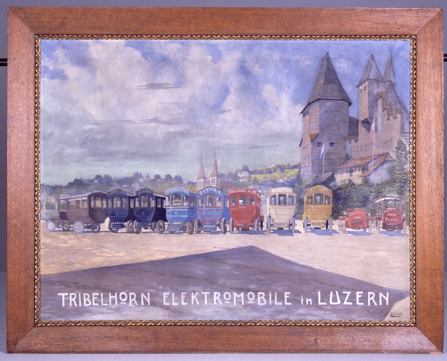 Gemälde: Elektrobusse warten in Luzern auf Kundschaft. 
