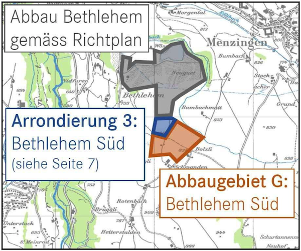 Das Abbaugebiet Bethlehem Süd mit geplanter Arrondierungsfläche (blau) und möglichem neuen Abbaugebiet (orange).