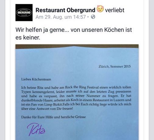 Diesen Brief hat Rita einigen Restaurants in Luzern geschrieben. Und das «Obergrund» hat ihn auch prompt auf Facebook gestellt.