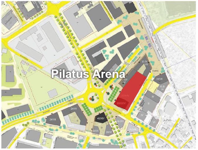 Auf der roten Fläche soll die Pilatus Arena realisiert werden. Vorne zum Kreisel hin soll das 80-Meter-Hochhaus entstehen.