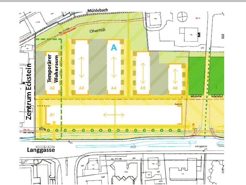 Der Lageplan, den die Firma Hotz Obermühle AG am 23. November den Nachbarn samt einem Brief geschickt hat: Die Asylunterkunft soll links auf dem Grundstück zu stehen kommen und aus einem dreistöckigen temporären Gebäude mit 17 Wohnungen für 100 Personen b