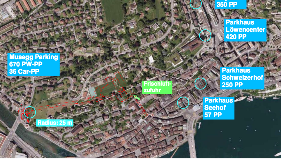 Die Ansicht zeigt das geplante unterirdische Parkhaus Musegg und weitere bestehende Parkhäuser in der Umgebung.