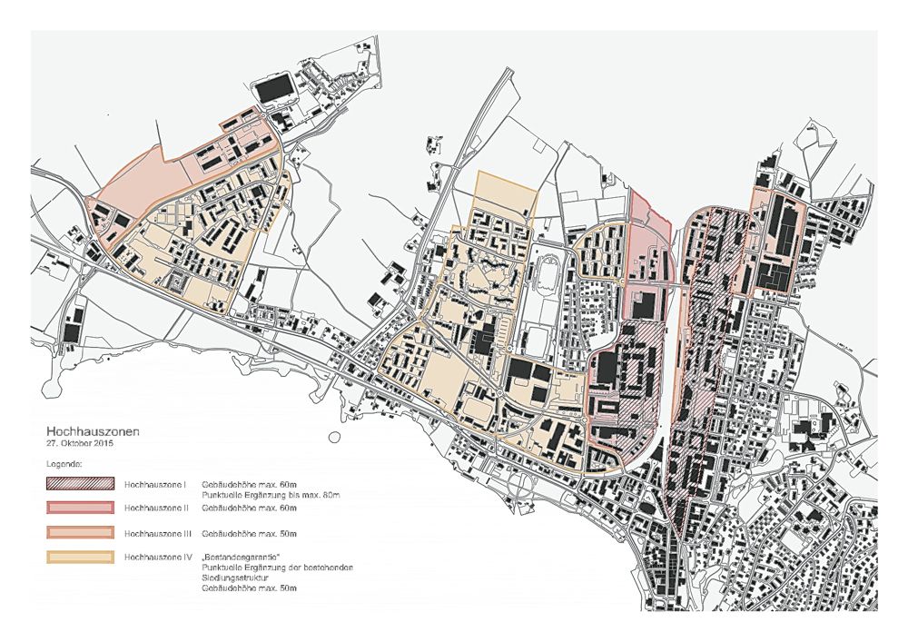 Die vier Hochhauszonen der Stadt Zug: Im Zentrum, entlang der Baarerstrasse und im östlichen Siemens-Areal sind Häuser bis 60 und ausnahmsweise bis 80 Meter möglich.