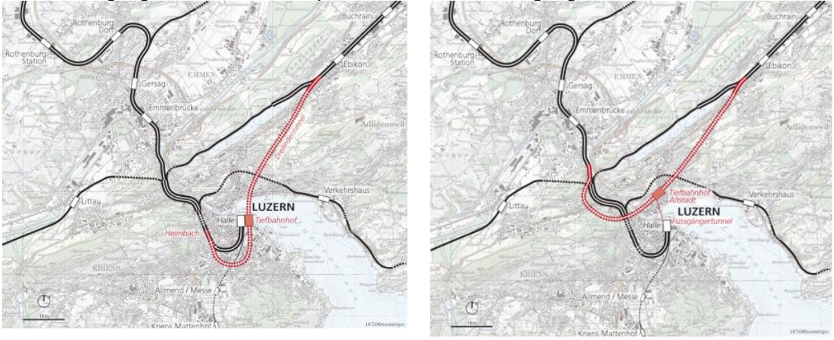 Links: Die «beste» Variante D1. Rechts: Eine der geprüften Varianten D4 mit Durchgangsbahnhof unterhalb der Altstadt.