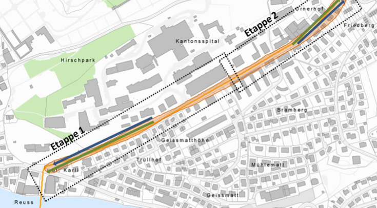 Die Etappen eins und zwei auf der Spitalstrasse sollen zeitversetzt realisiert werden. Grün eingezeichnet sind die Abschnitte mit Busbevorzugungsmassnahmen. Blau markiert sind Abschnitte für Veloförderungsmassnahmen.