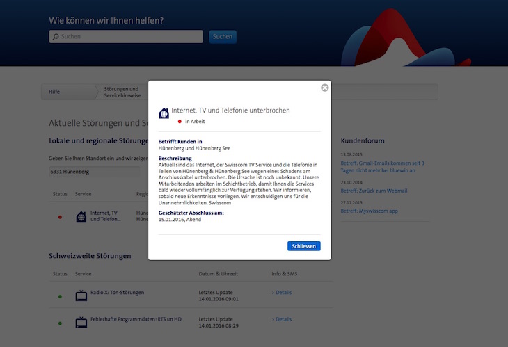 Screenshot von der Störungsmeldung der Swisscom am Donnerstag, 14. Januar 2015.