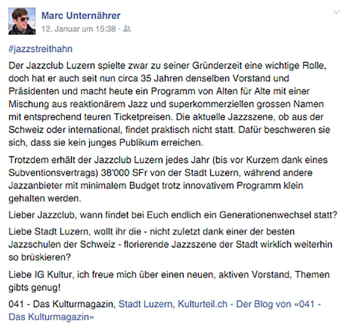 Kulturpolitik: bei Marc Unternährer immer wieder Thema auf Facebook.