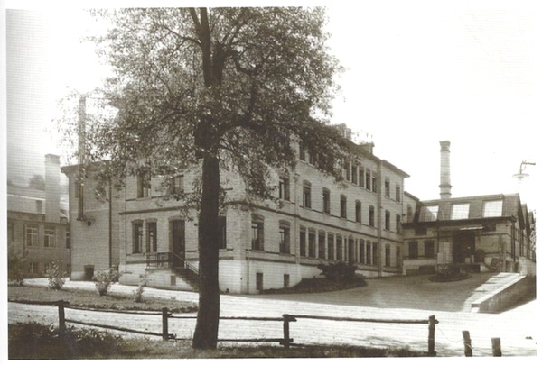 Das Theilerhaus nach der ersten Aufstockung, rechts die Shedhallen, um 1914. (Firmenarchiv Landis & Gyr)