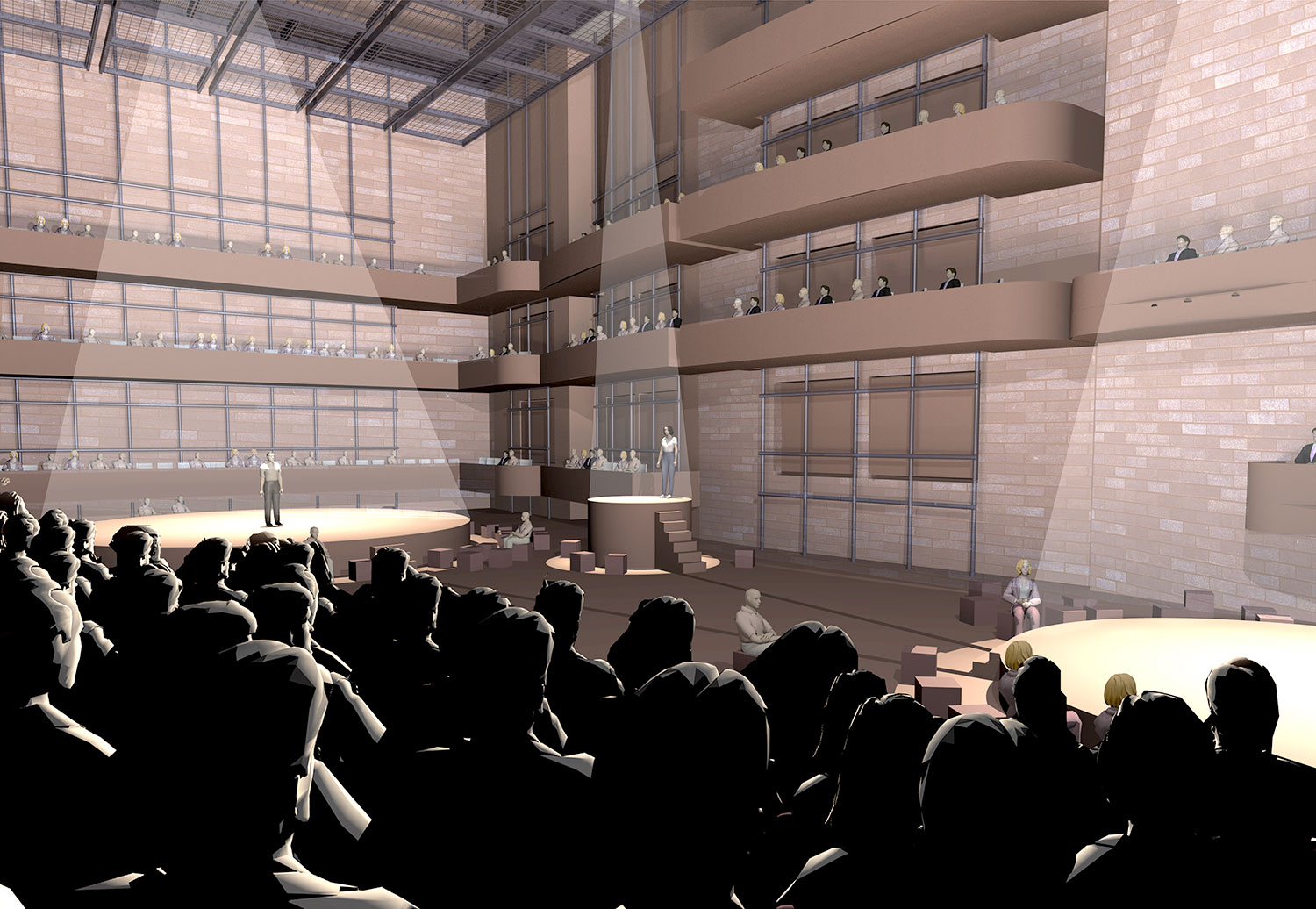 Visualisierung der Grossen Bühne: Hier als offene Flachbodenanordnung mit mehreren Bühnen.