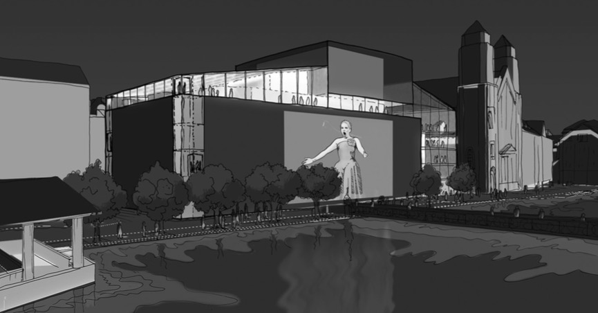 Visualisierung der Salle Modulable am Theaterplatz. So hätte der Bau bei Nacht ausgesehen.