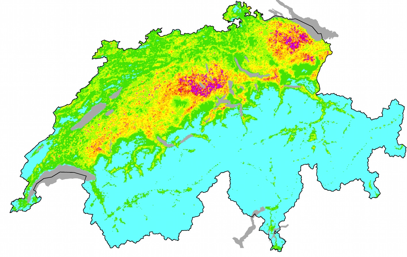 Violett markiert sind Belastungen von 7 Mikrogramm Ammoniak pro Kubikmeter Luft. Man sieht den Ammoniak-Hotspot Luzern.