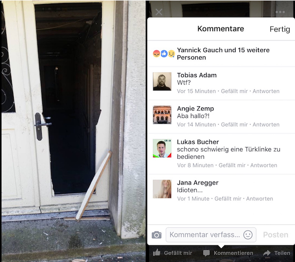 Die am Morgen eingebrochene Türe bei der Villa.