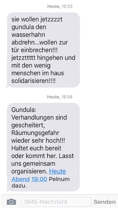 Die SMS von der Gruppe Gundula, die zur Solidarität aufruft.