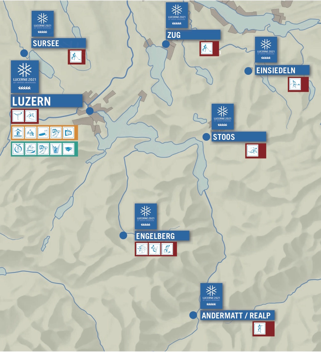Auf der Karte ist ersichtlich, in welchem Gebiet welche Sportart ausgetragen wird. Nur der Kanton Nidwalden wird keine Wettkämpfe ausrichten.