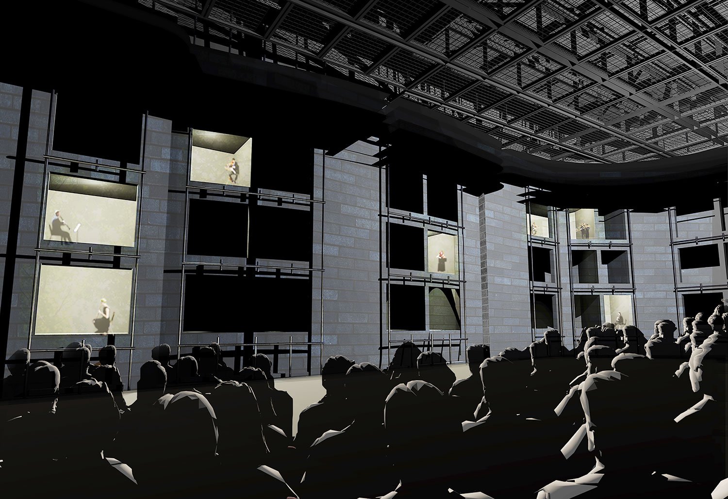 Mögliche Innenansicht der grossen Bühne in der Salle Modulable: Möglich sind alternative Inszenierungen mit Akteuren in Fensteröffnungen.