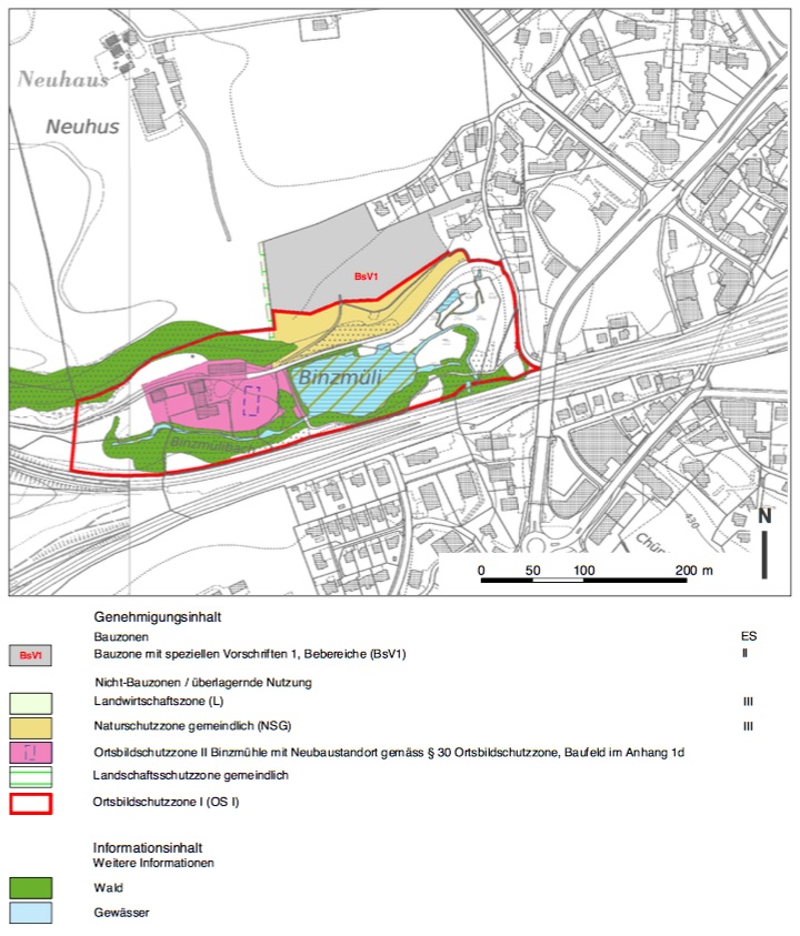 Der Zonenplan des Gesamtprojekts. Die rosarote Fläche markiert das Binzmühlegehöft, die graue Fläche (BsV1) kennzeichnet das Gemeindeland, auf welchem eine Wohnzone entstehen soll.