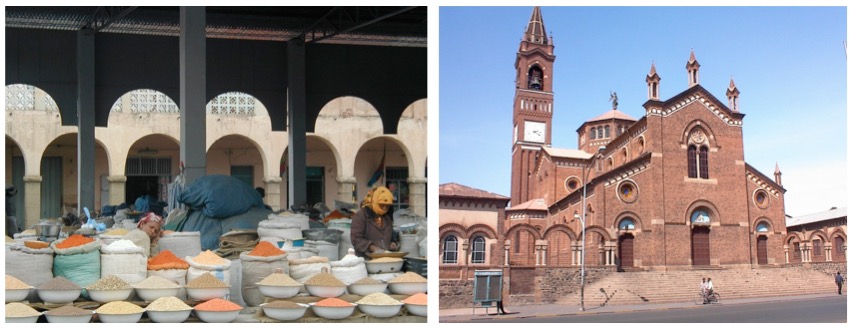 Die Hauptstadt Asmara: links ein Gewürzmarkt, rechts die Kathedrale.