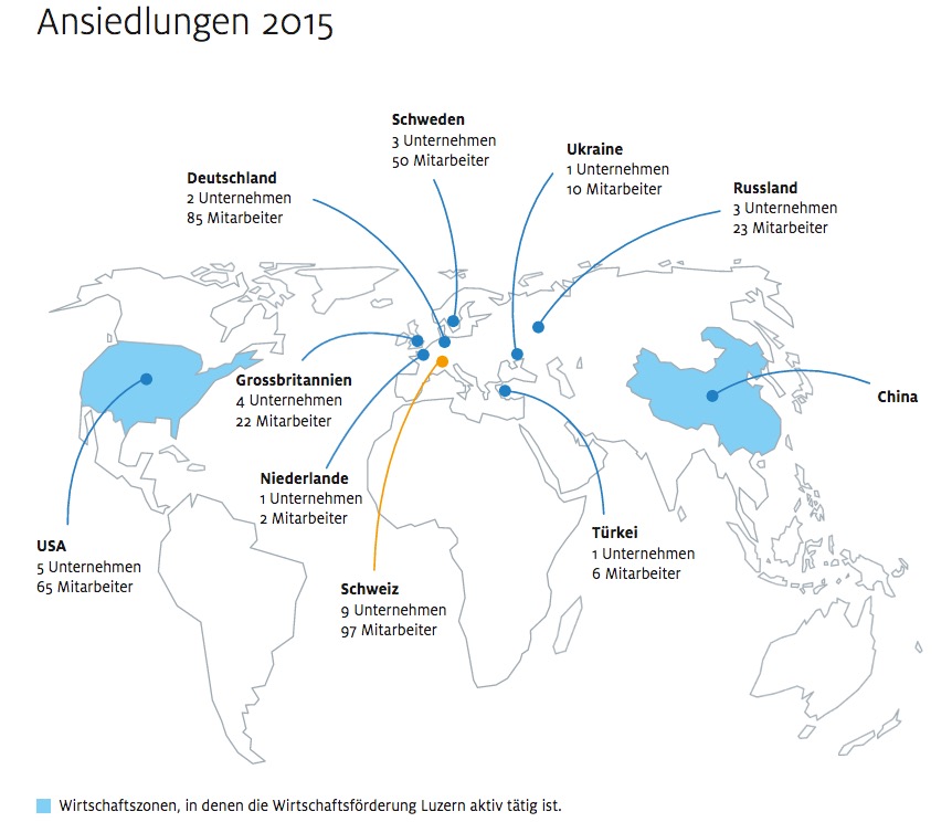 Hier ist zu sehen, aus welchen Ländern die 29 Firmen kommen, die sich letztes Jahr in Luzern angesiedelt haben.
