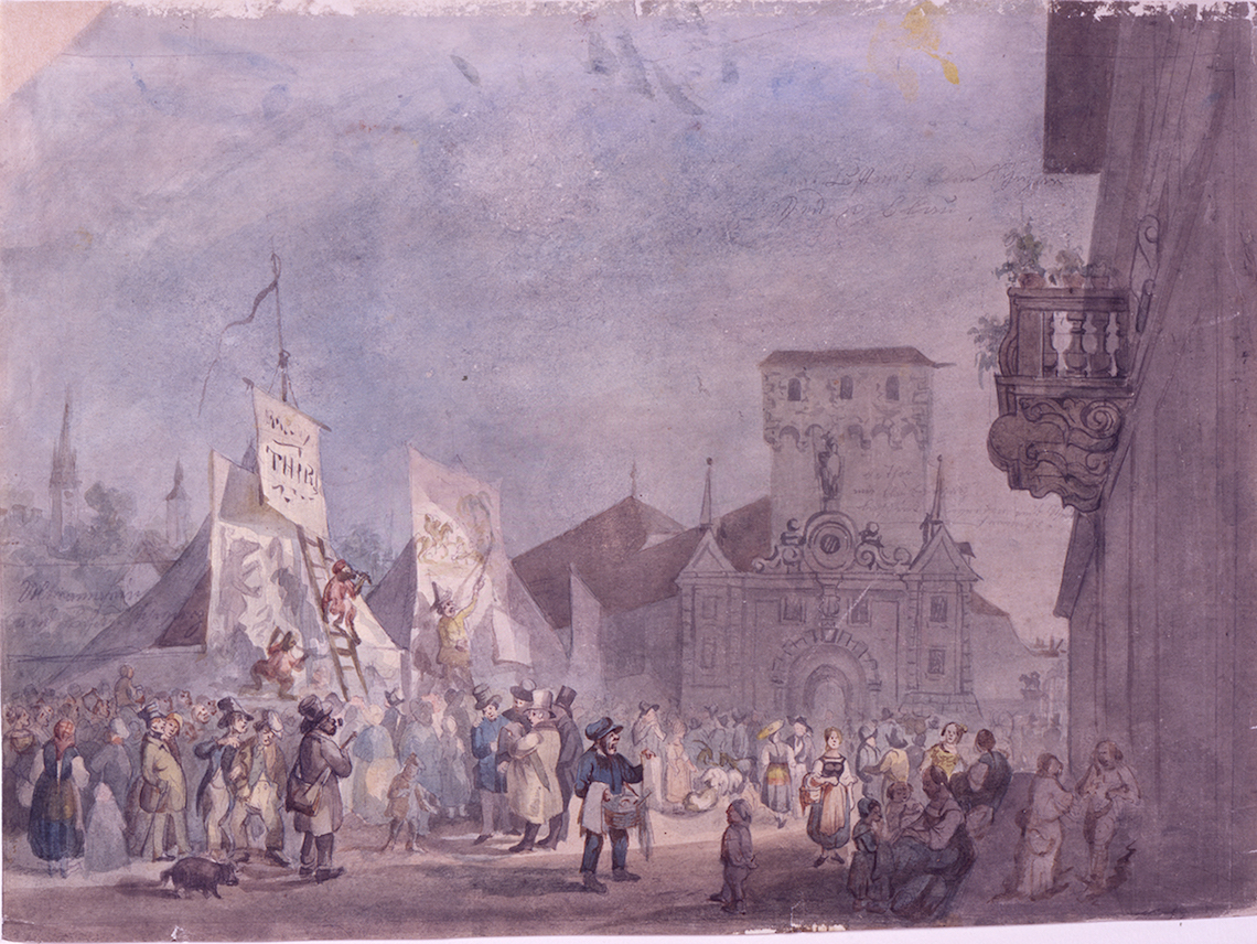 Jahrmarkt auf dem Kurzweilplatz (heute: Kasernenplatz) vor dem Baslertor, um 1830 (Bild: Aquarell von Johann Baptist Marzohl, ZHB Luzern Sondersammlung)