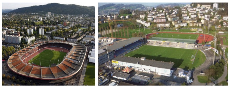 Links das Zürcher Letzigrund-Stadion, rechts die abegrissene Allmend.