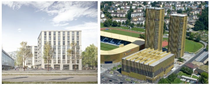 Links: So soll der Bau für die gemeinnützigen Wohnungen in Zürich aussehen. Rechts: In Luzern wurde nebst den beiden Wohntürmen ein grosses Sportgebäude realisiert.