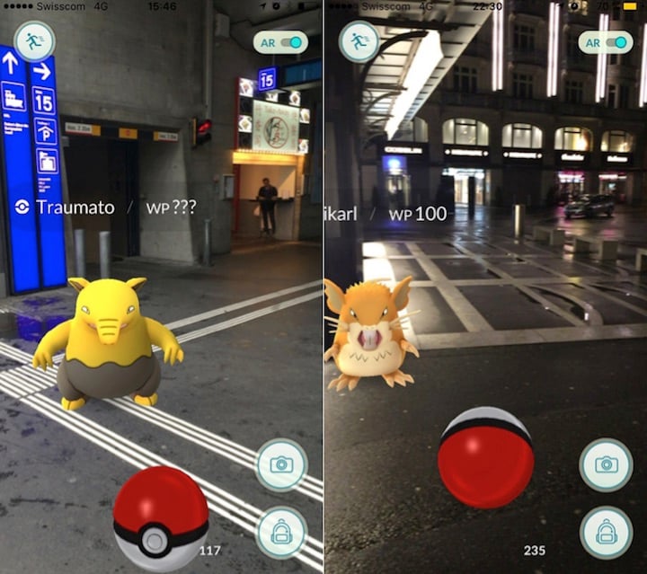 Auch am Bahnhof tummeln sich Pokémons. Ein Traumato (links) und ein Rattikarl.