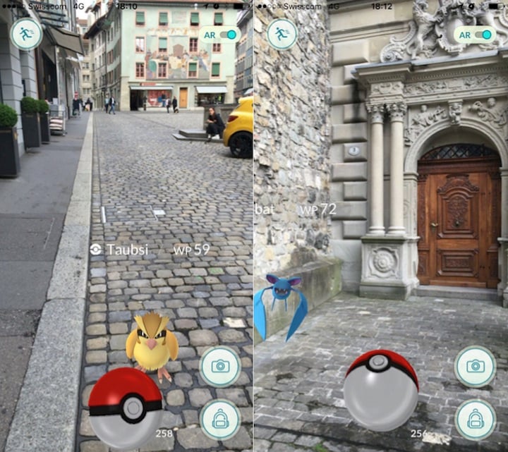 Ein Taubsi versperrt am Mühleplatz den Weg (links) und ein Zubat will ins Rathaus.