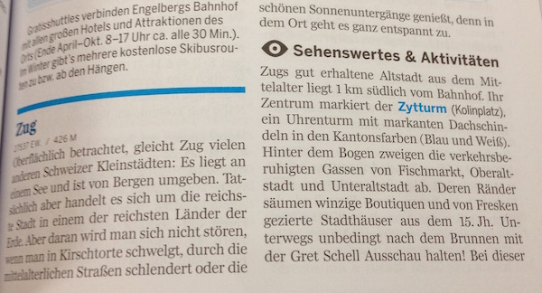 Die Quintessenz aus dem Lonely Planet: Die haben zwar viel Geld hier, schön ist es aber trotzdem in Zug. (Bild: Auszug aus dem Lonely Planet Schweiz)