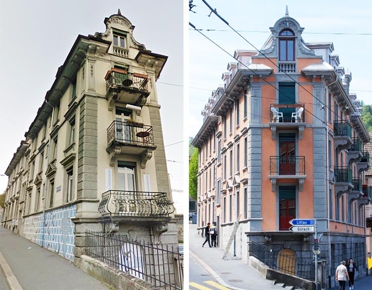 Der Baslerhof vor der Renovation und jetzt mit frischer Fassade.