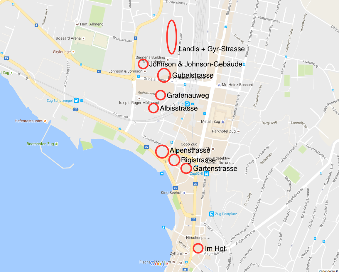 Mit roten Kreisen sind die verschiedenen Innenhöfe auf der Karte eingezeichnet.