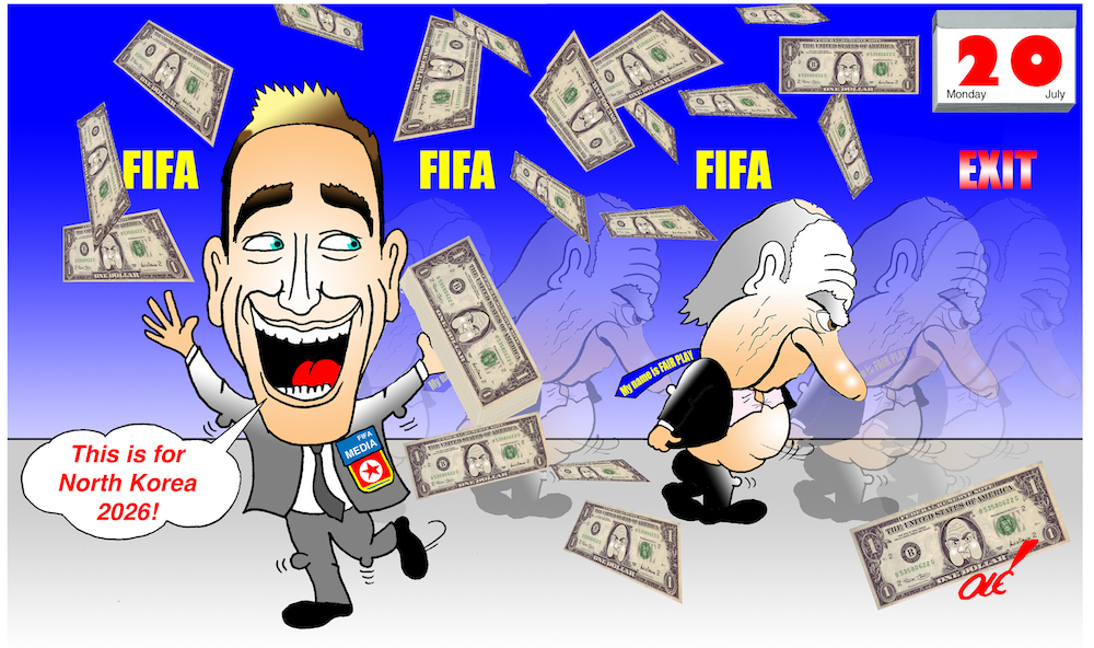 An einer Pressekonferenz im Juli 2015 warf ein britischer Komiker Sepp Blatter Geldnoten hin mit den Worten: «Das ist für die WM 2026 in Nordkorea.» Karikatur aus dem Buch «Das Spiel ist vorbei». (Bild: Olé Andersen)