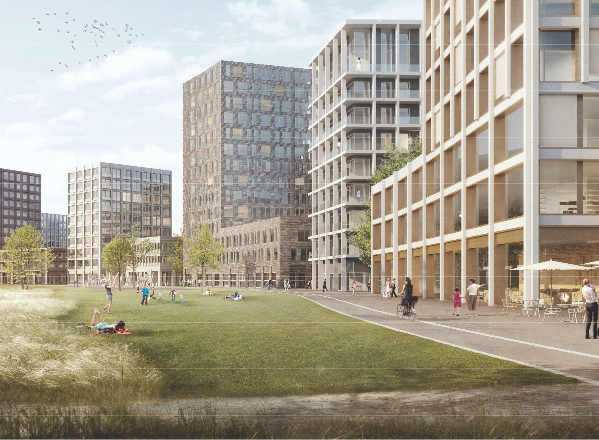 Die Visualisierung des Quartiers zeigt den Parkquai und den Lorzenpark.