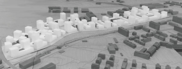 Zukunftsmusik? Das Stadtmodell zeigt das geplante Quartier (in weiss) aus der Vogelperspektive.