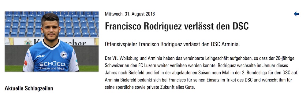 So vermeldet Arminia Bielefeld den Abgang seines Spielers zum FCL.