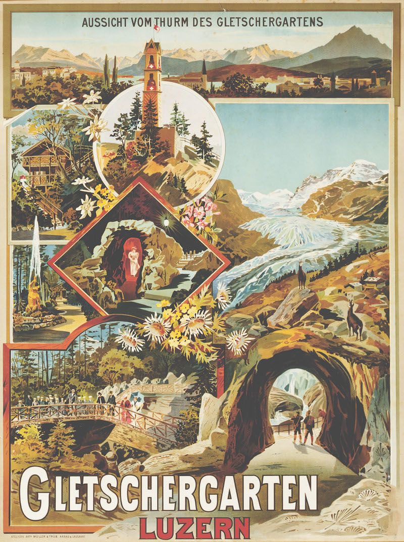 Plakat des Gletschergartens, oben das Panorama von Rigi bis Pilatus, wie man es vom Aussichtsturm aus geniessen konnte, vermutlich um 1906.