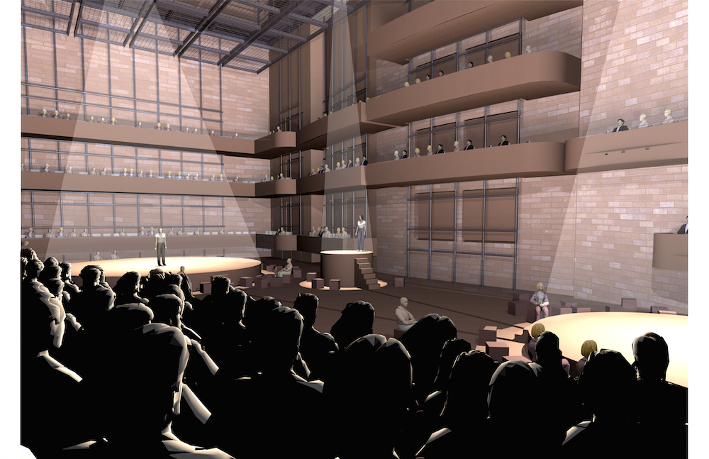Auch diese Visualisierung zeigt eine Variante, wie der grosse Saal der Salle Modulable bespielt werden könnte.