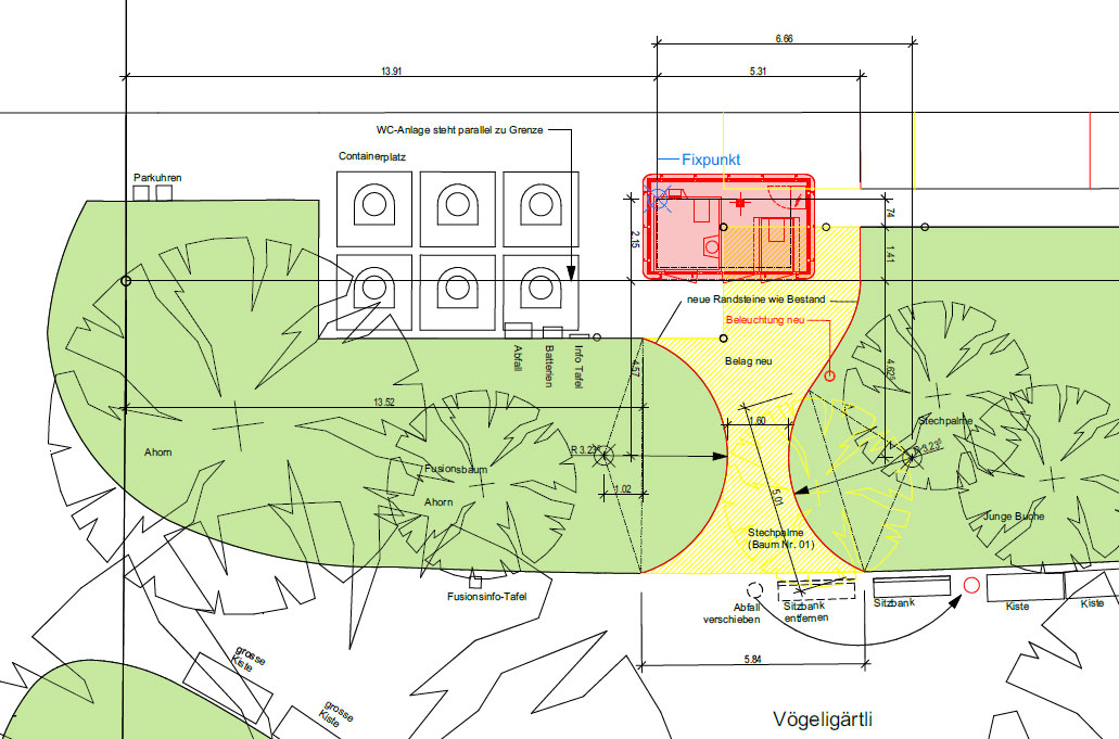 So ist die künftige WC-Anlage (rot) am Rand des Vögeligärtlis geplant.  (Bild: zvg)