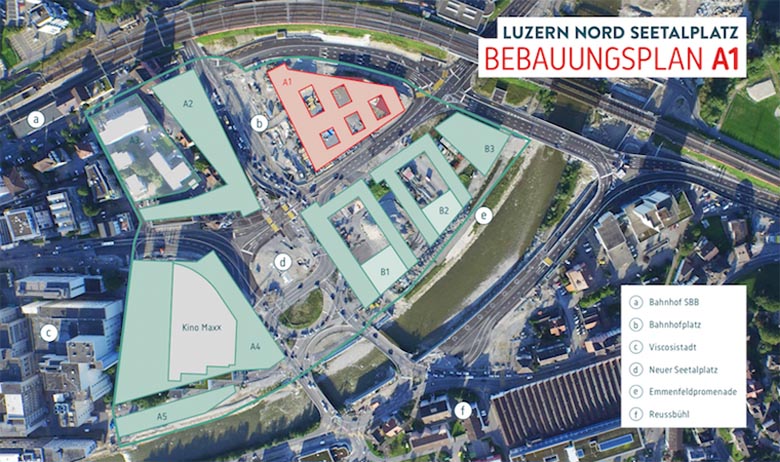 Auf dem roten Baufeld möchte der Kanton Luzern seine Verwaltung zentralisieren. Auf den grünen Baufeldern B1 bis B3 sollen auch Wohnungen entstehen.